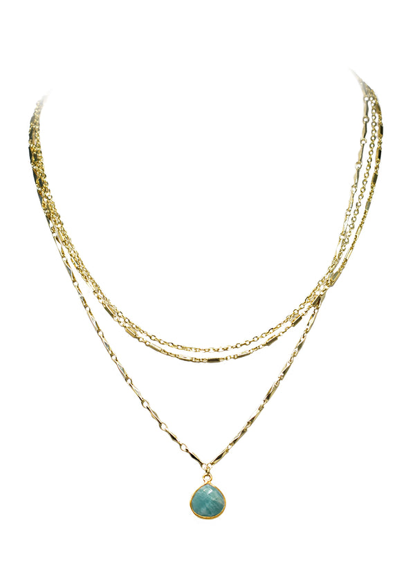 METALLIC OCEAN THREE TIER CHAIN AND AMAZONITE SHELL GEMSTONE NECKLACE WHOLESALE 1