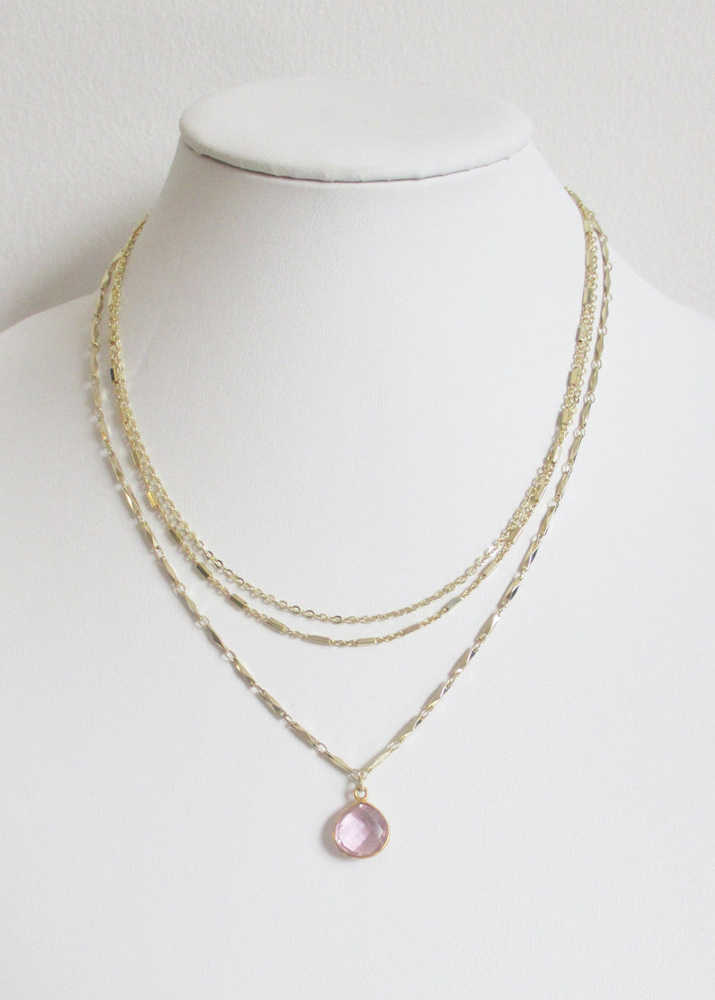 METALLIC OCEAN THREE TIER CHAIN AND ROSE PINK GEMSTONE NECKLACE WHOLESALE 1