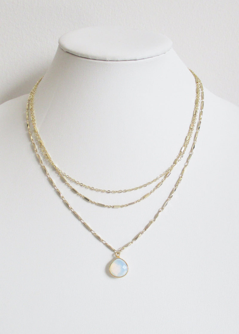 METALLIC OCEAN THREE TIER CHAIN AND WHITE OPAL GEMSTONE NECKLACE WHOLESALE 1