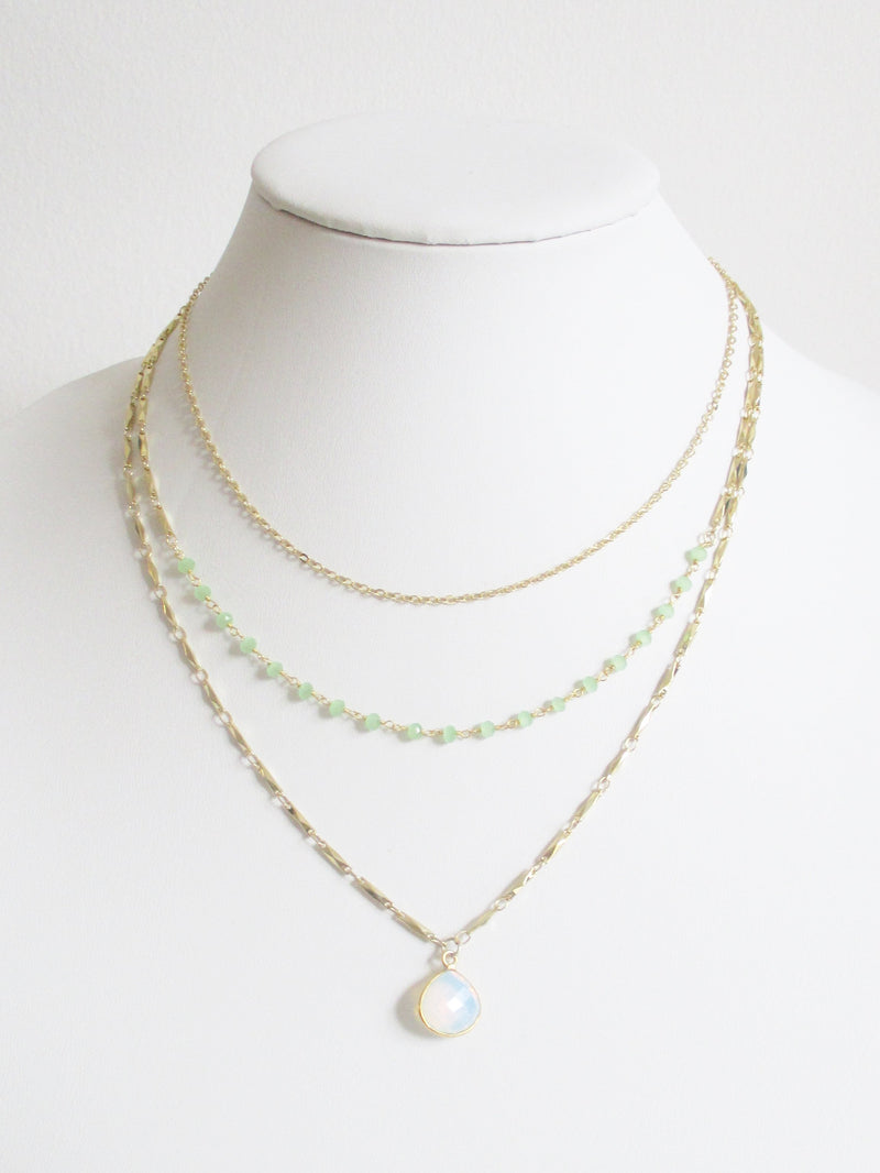 METALLIC OCEAN THREE TIER GREEN CHALCEDONY AND WHITE OPAL GEMSTONE NECKLACE WHOLESALE 1