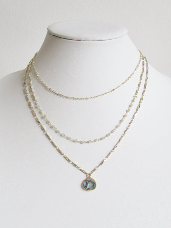 METALLIC OCEAN THREE TIER LABRADORITE AND ABALONE SHELL GEMSTONE NECKLACE WHOLESALE 1