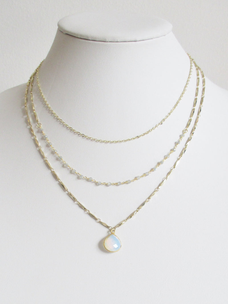 METALLIC OCEAN THREE TIER LABRADORITE AND WHITE OPAL GEMSTONE NECKLACE WHOLESALE 1