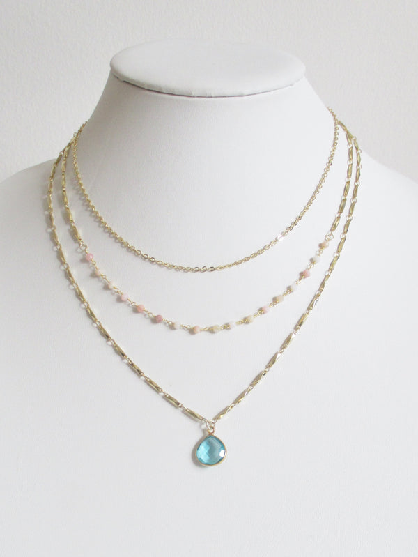 METALLIC OCEAN THREE TIER PINK OPAL AND AQUAMARINE NECKLACE WHOLESALE 1