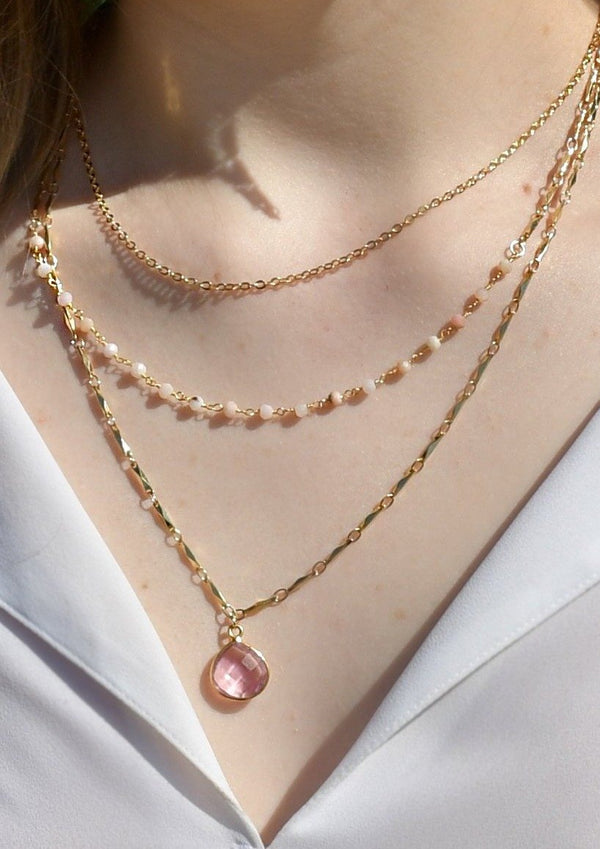 METALLIC OCEAN THREE TIER PINK OPAL AND ROSE PINK GEMSTONE NECKLACE WHOLESALE 1