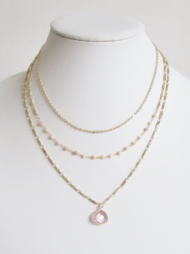 METALLIC OCEAN THREE TIER PINK OPAL AND ROSE PINK GEMSTONE NECKLACE WHOLESALE 1